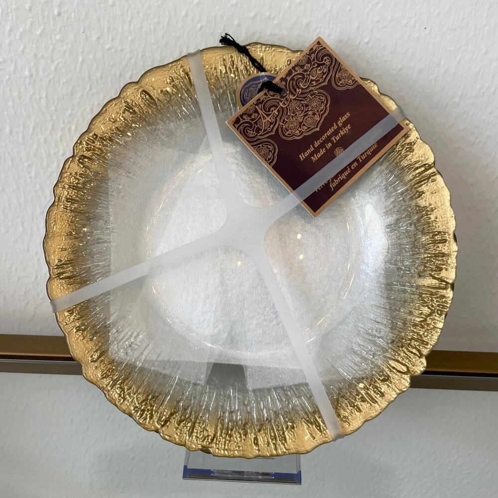Artistic Accents Turkish Frosted Glass Appetizer Plates 8" Gold Border Set of 4